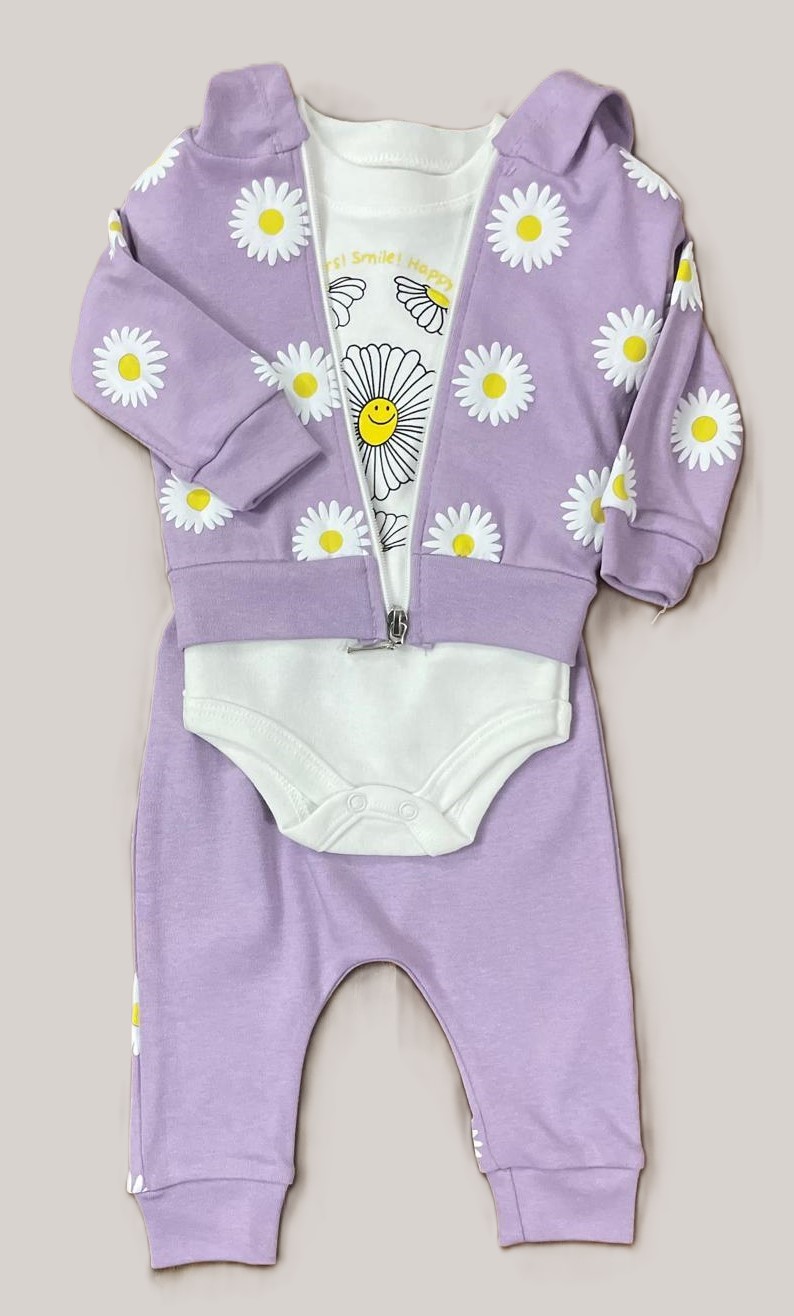 baby girl 0-3-6 months 3 pieces set purple pink hooded top long sleeve body trousers daisy