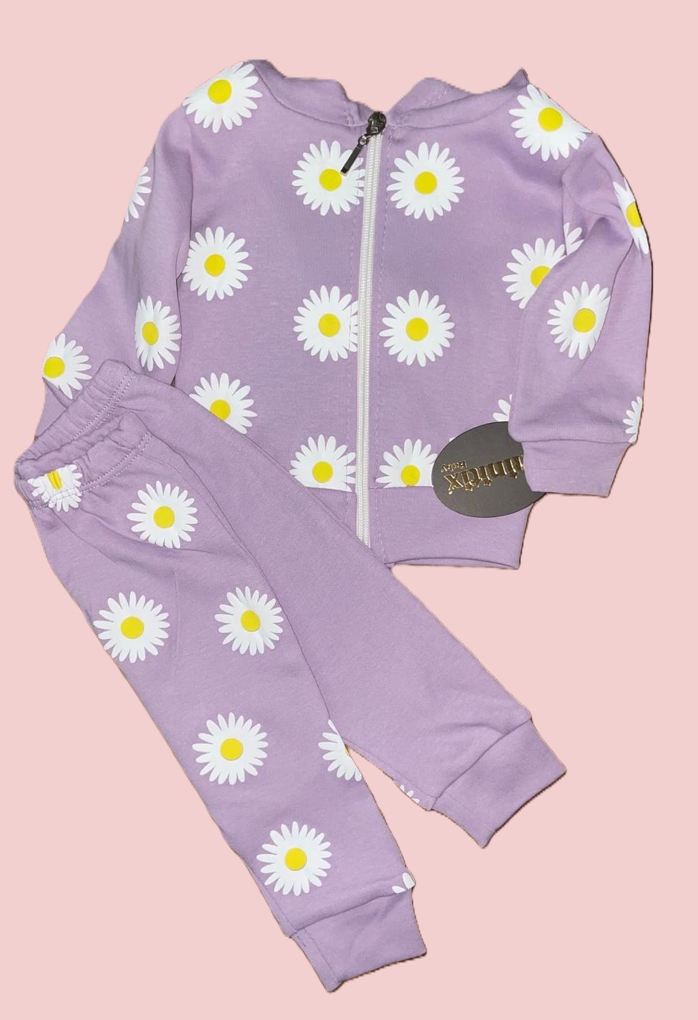 baby girl 0-3-6 months 3 pieces set purple pink hooded top long sleeve body trousers daisy