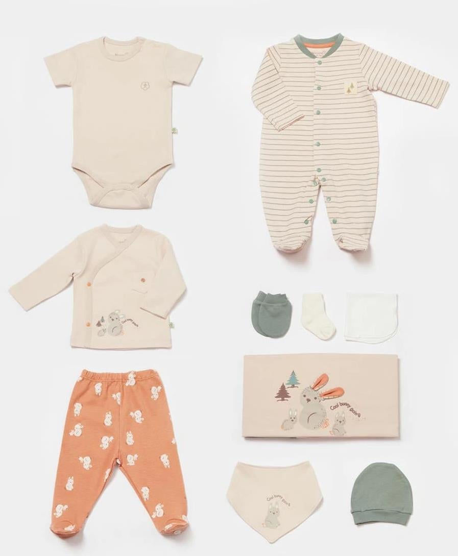 Bibaby-Biorganic Cool Lines Bunny 10-Piece Newborn Hospital Set (Beige-Mustard)