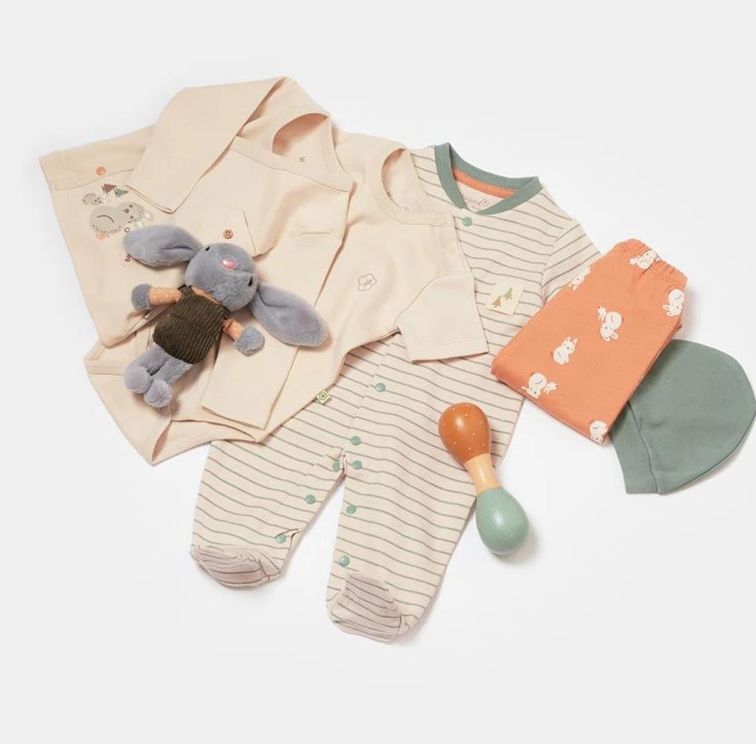 Bibaby-Biorganic Cool Lines Bunny 10-Piece Newborn Hospital Set (Beige-Mustard)