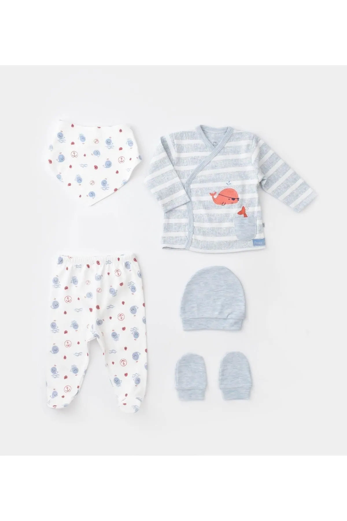 Bibaby Pirate Finny 5-Piece Newborn Hospital Set (Grey-Blue)