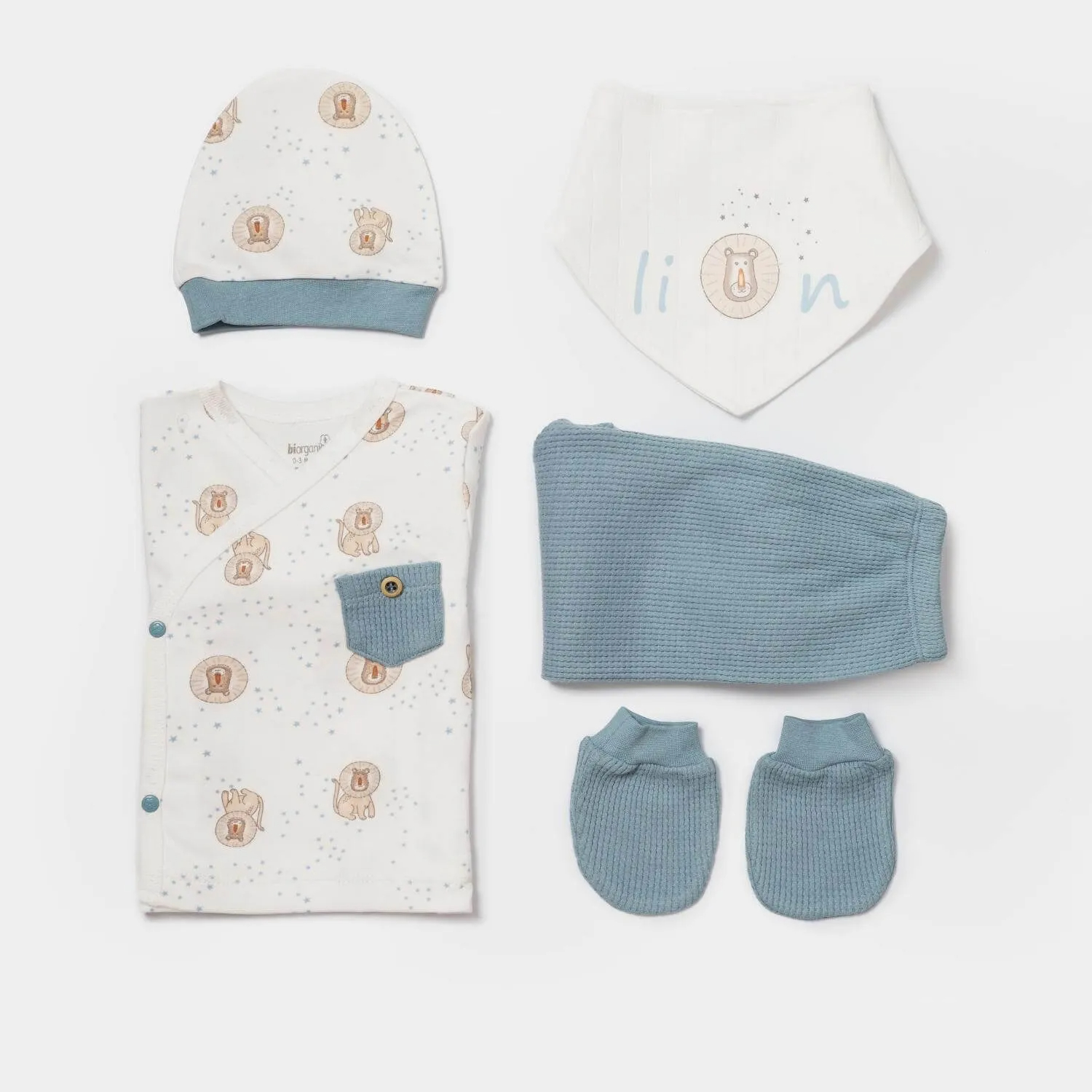 Bibaby Brave Lion 5-Piece Newborn Hospital Set (Ecru-Petrol)