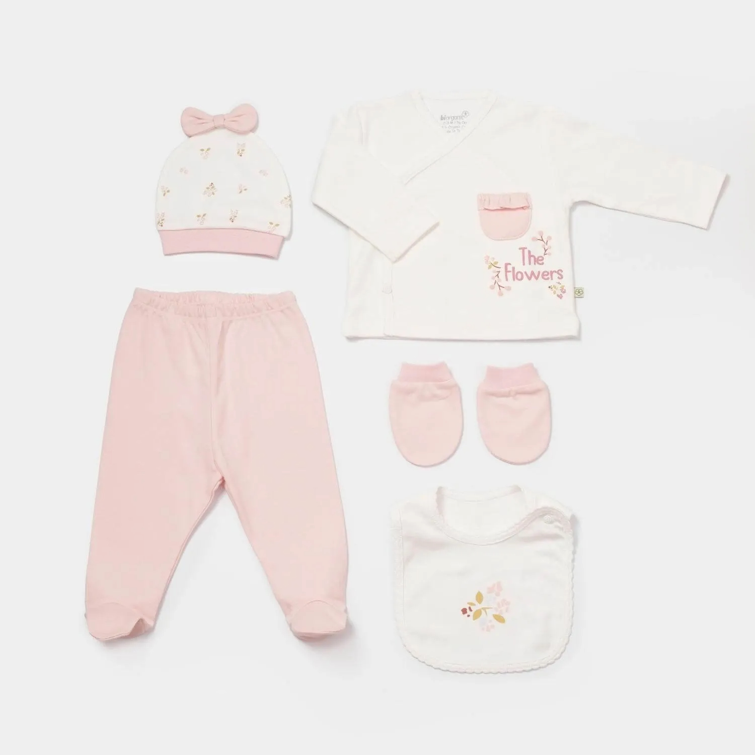 Bibaby -Biorganic The Flowers 5-Piece Newborn Hospital Set (Ecru - Pink)