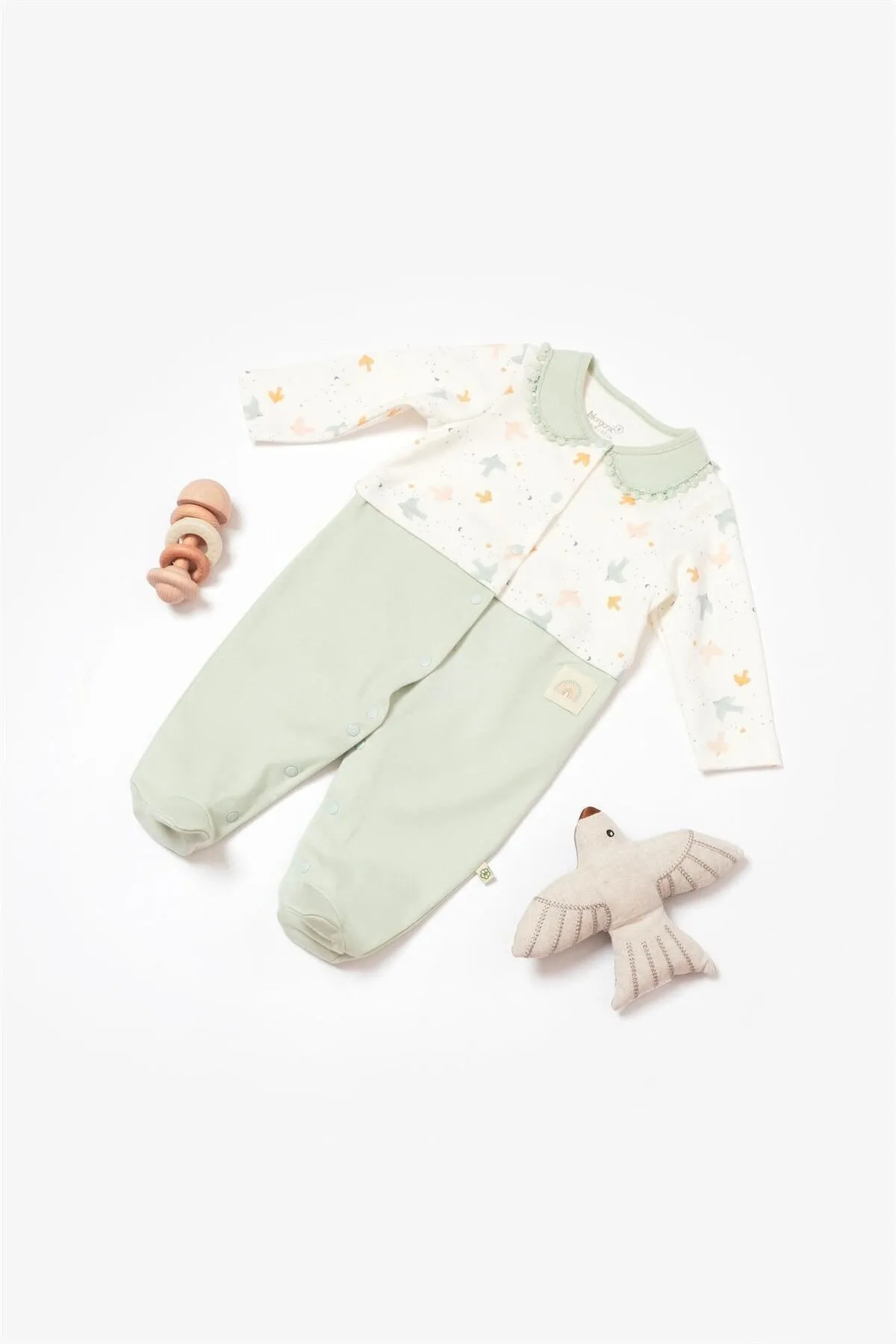 Bibaby Biorganic Tiny Birds Footed Romper (Ecru-Green)