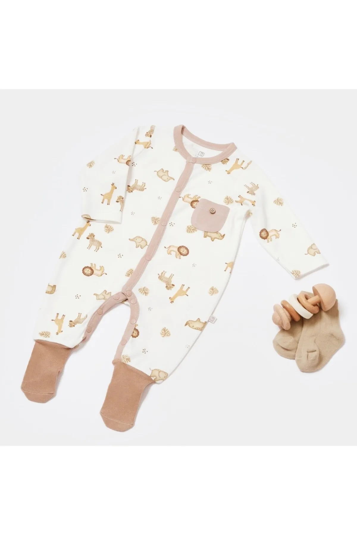 Bibaby Animals Kingdom Footed Romper (Ecru-Brown)