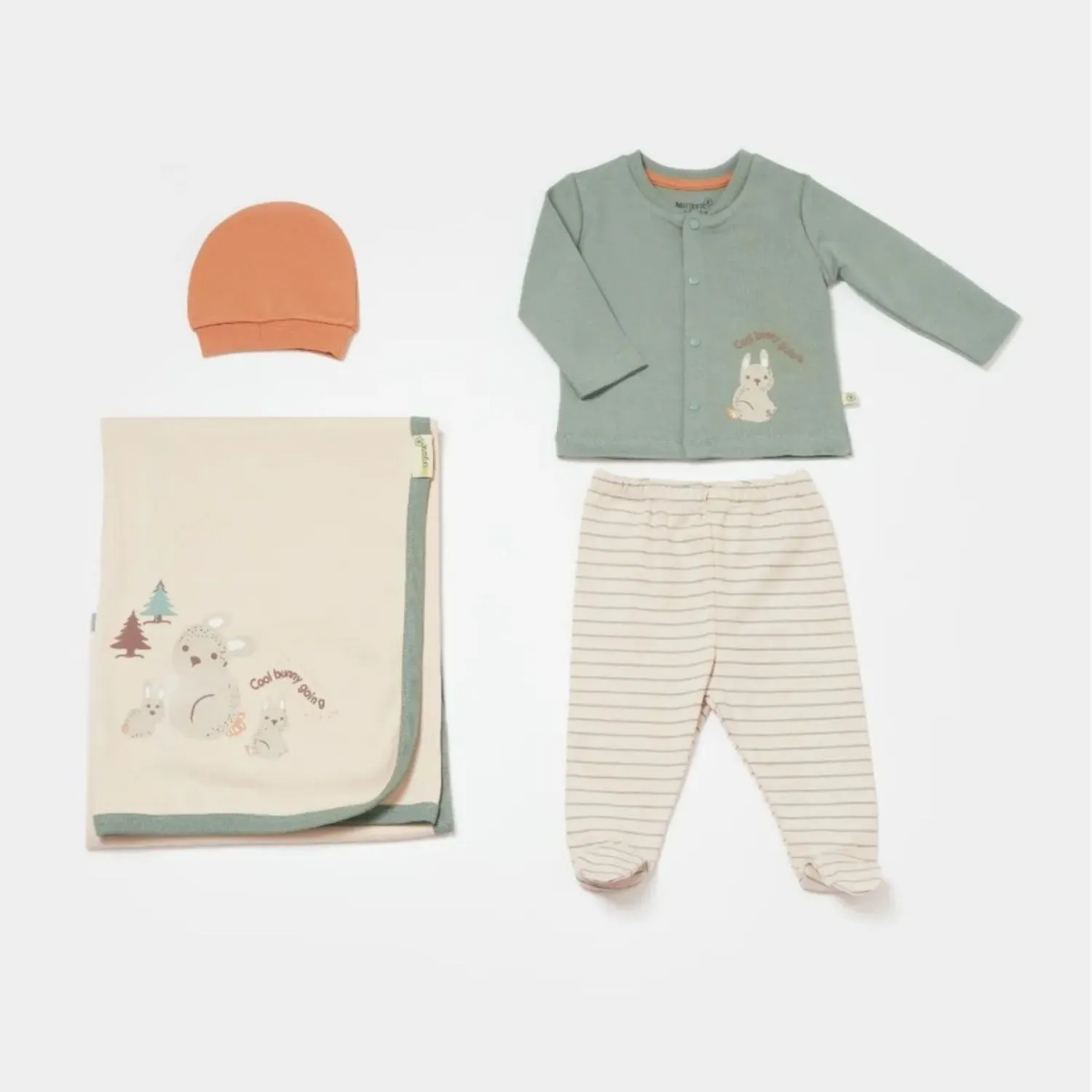 Bibaby-Biorganic Cool Lines Bunny Newborn Hospital Set - Tulle (Beige-Green-Mustard)